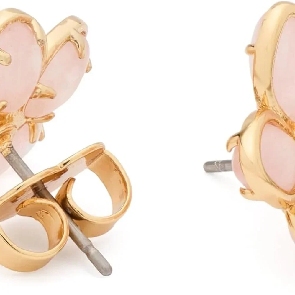 Pastel Petals Earrings Brass CZ Rose Quartz Studs Colorful Jewelry - Picture 2 of 3